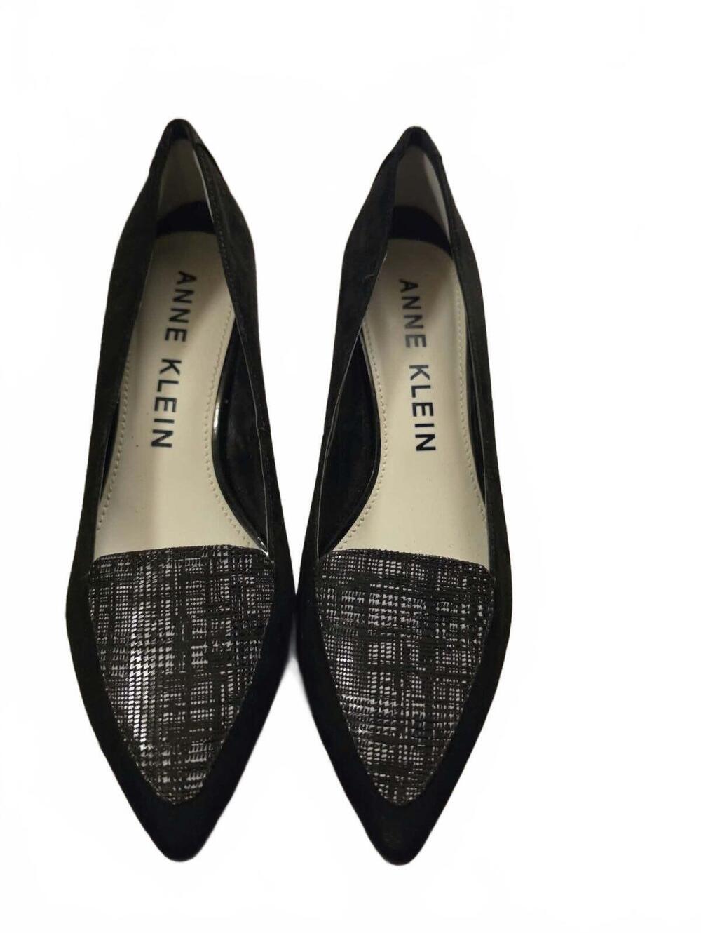 Anne Klein Black Suede Kitten Heel Loafers with Patterned Toe